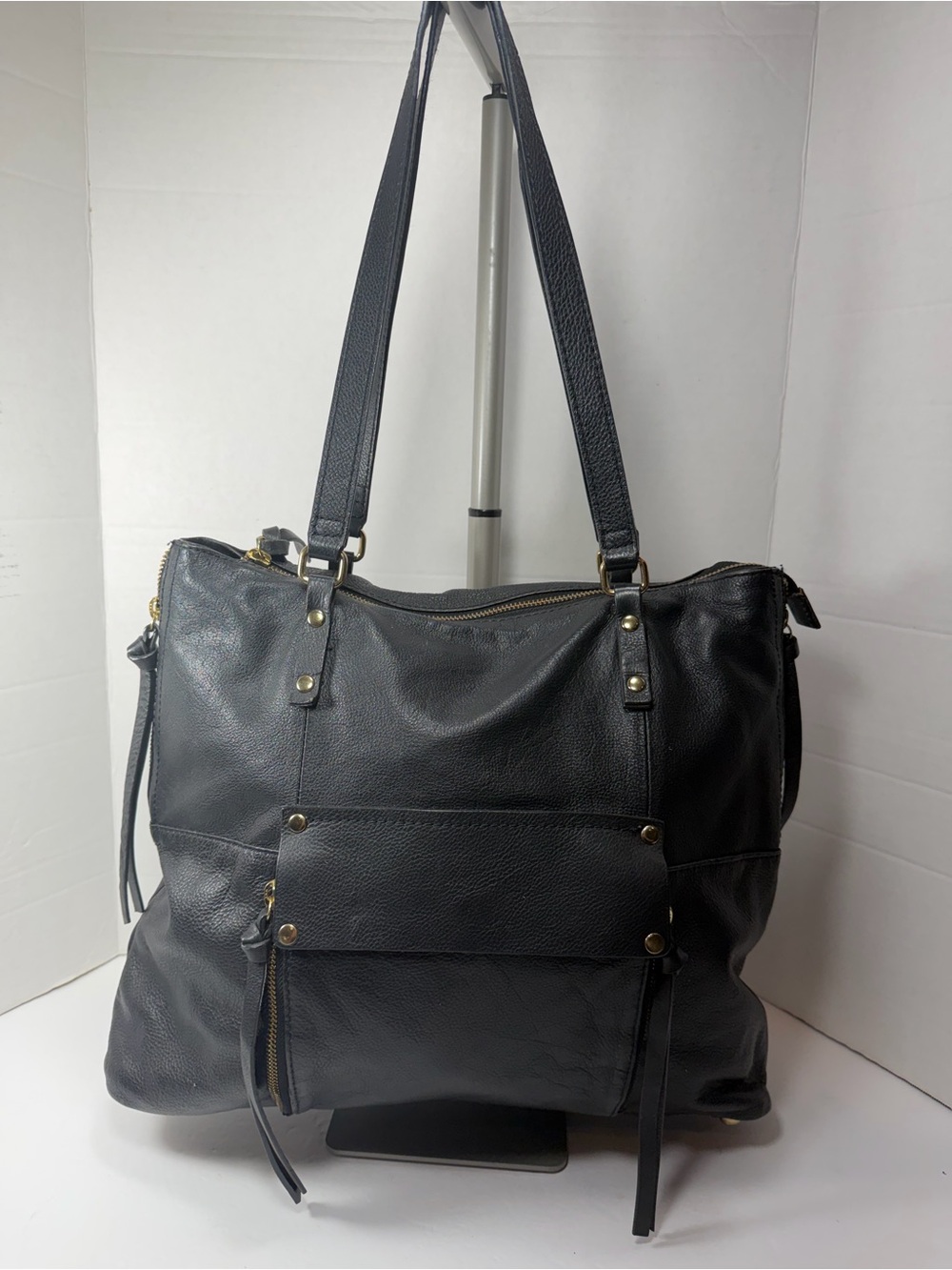 Kooba Tote Shoulder Bag Womens Pebbled Double Strap Pockets Fringe Black Leather
